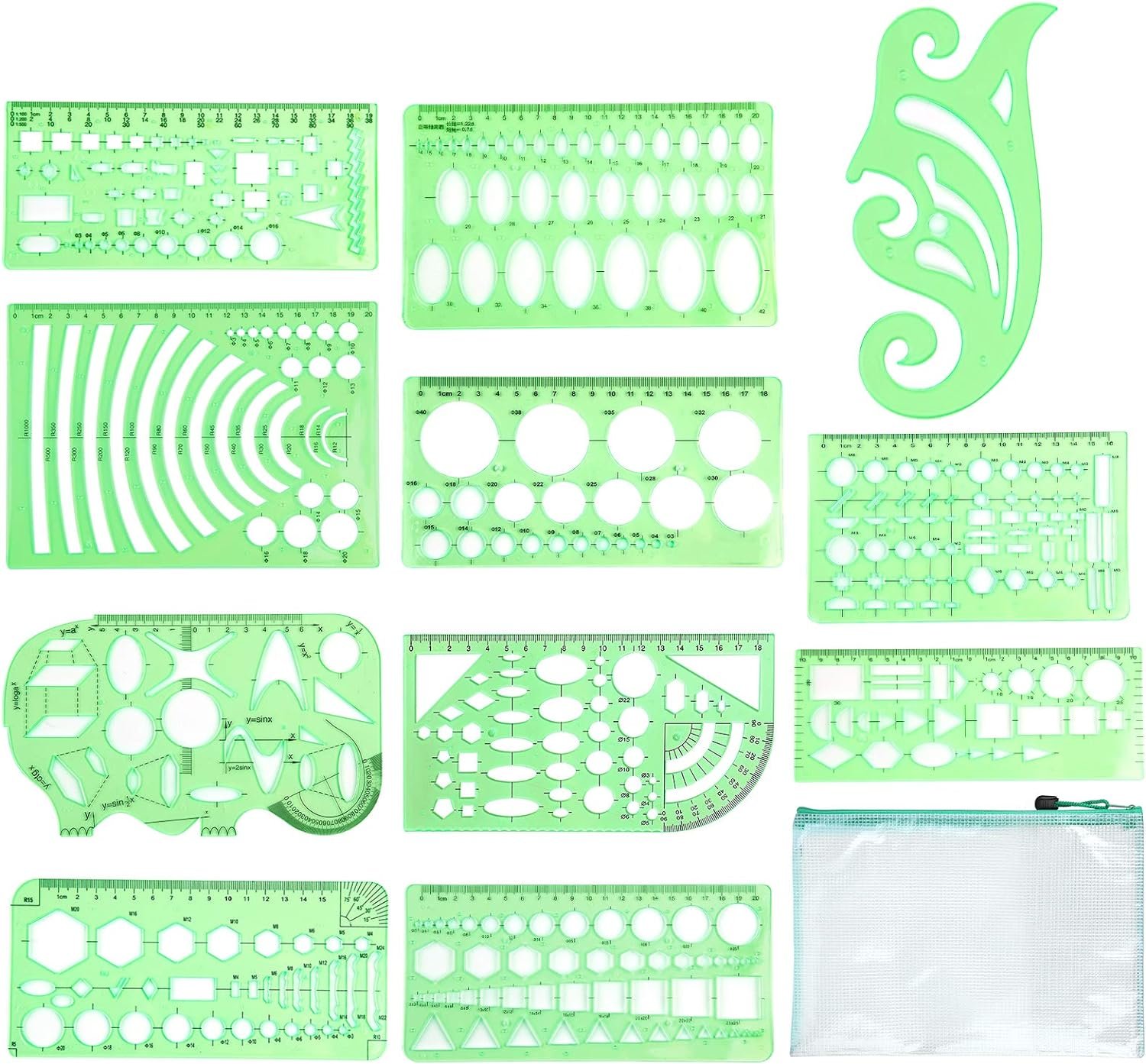 11-teiliges Set Geometrischer Zeichenvorlagen, Messlineale, Messschablonen Aus Kunststoff, Geometrische Schablonen Aus Kunststoff Mit Aufbewahrungstasche Für Büro Und Schule – Max.