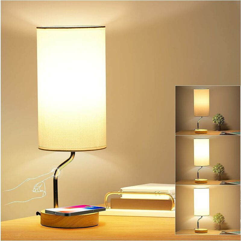 5-w-nachttischlampe Mit Touch-funktion Und Kabellosem Ladegerät – 3 Helligkeitsstufen, Usb-anschluss, Beige