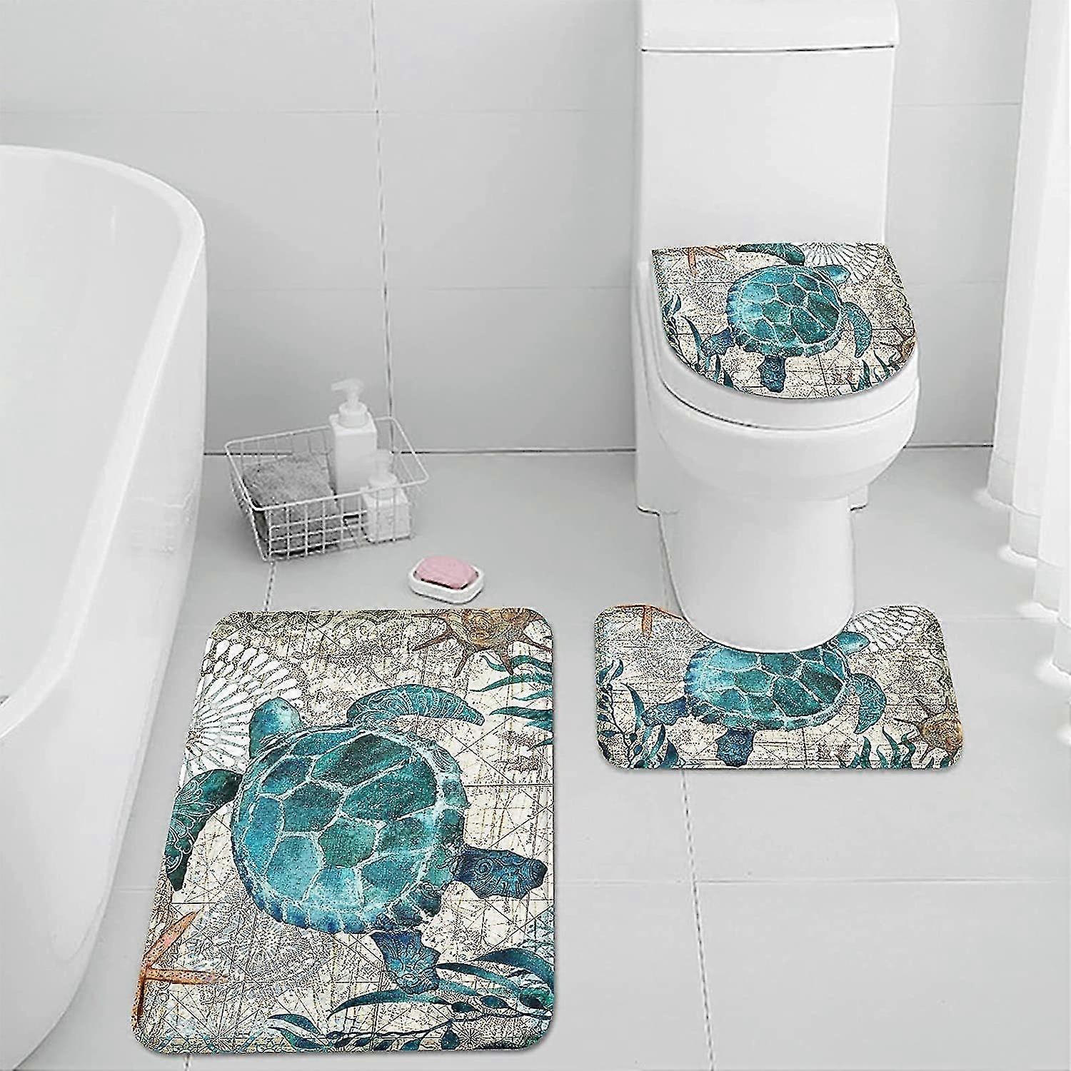 3-teiliges Set Aus Badematten Und -teppichen, Rutschfeste Badematten, Retro-badematte Mit Meeresschildkrötenmotiv Aus Saugfähiger Mikrofaser Mit Memory-schaum, Maschinenwaschbar