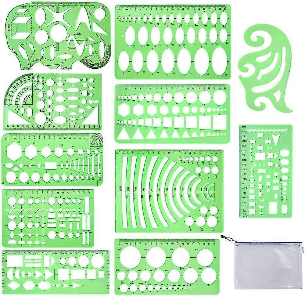 11 Geometrische Zeichenvorlagen, Schablonen, Messschablonen Aus Kunststoff, Lineale, Leuchtend Grün, Formvorlagen, Kompatibel Mit Technischem Zeichnen - Perfekt