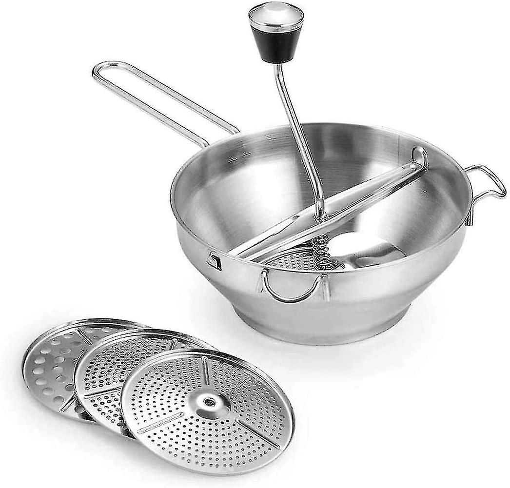 Fleischwolf Aus Edelstahl Mit 3 Mahlscheiben Und Griff, Robuste, Drehbare Schüssel. Geeignet Für Tomatensoße, Apfelmus, Püree, Kartoffelpüree Usw.