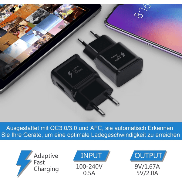 Schwarzes, Kompatibles Ladegerät (2er-pack) Mit Schnellladefunktion (usb) Kompatibel Mit Samsung S22/s21/s20/s10/s10e/s6/s7/s8/s9/edge/plus/active/a72/a53 5g, Note 5, 8 Und Note 9
