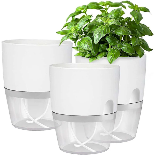 Selbstbewässernder Blumentopf, 3er-set Kunststofftöpfe Mit Wasserstandsanzeige Für Die Küchenfensterbank, Für Frische Kräuter, Weiß, 18,2 X 11 X 15,3 Cm