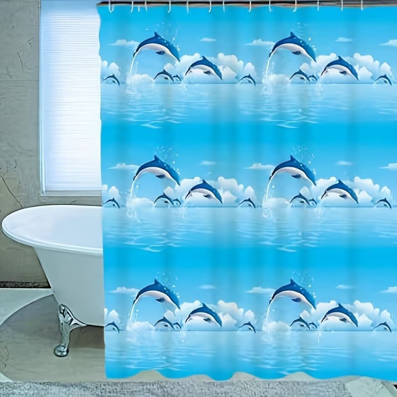 Duschvorhang „traumhafte Delfine Am Meer“ In Blau Mit Verspielten Delfinen Und Wellen, Schlaufe Zum Einfachen Aufhängen, Moderne Badezimmerdekoration In Blau