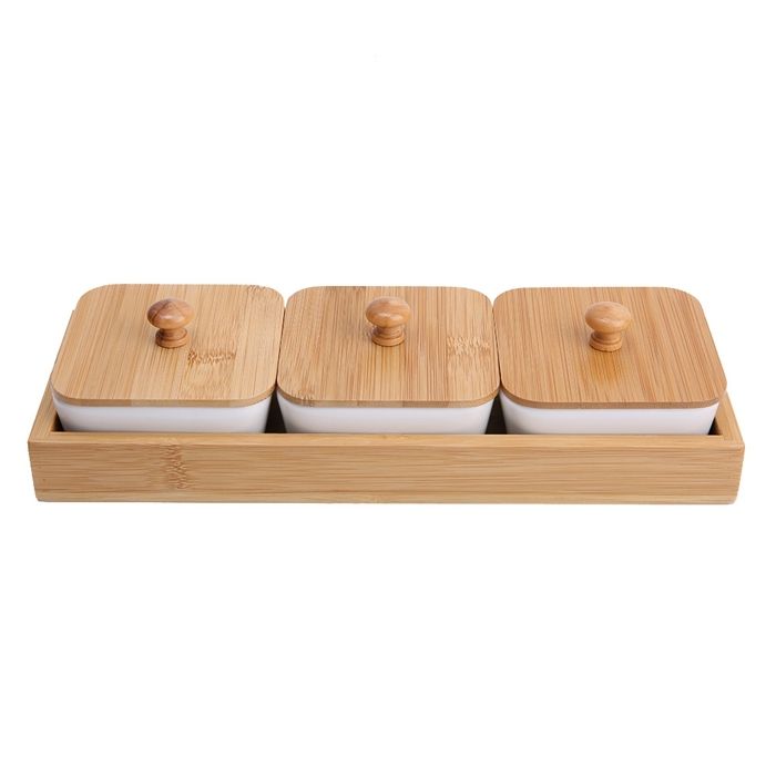 Servierplatte Aus Keramik Mit Bambusdeckel Für Desserts, Obst Und Nüsse (3 Fächer)