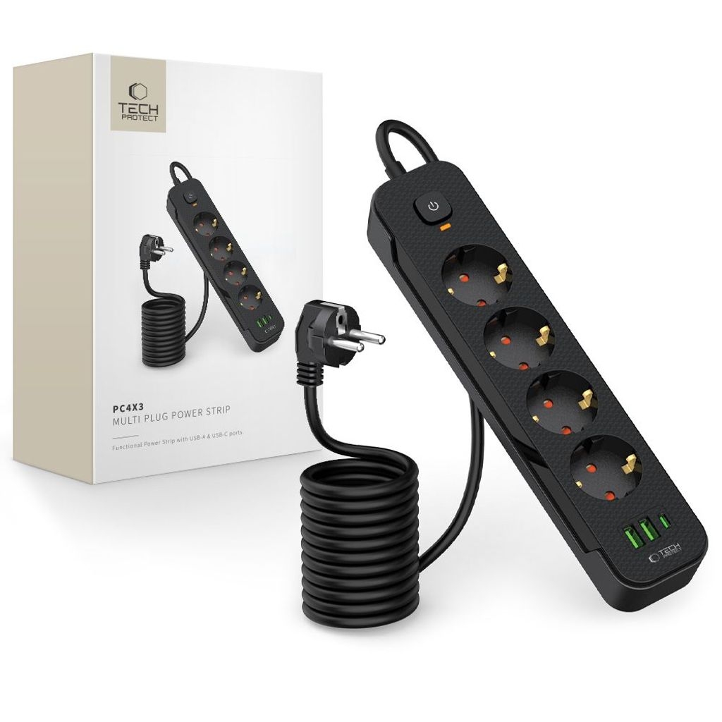Techprotect Steckdosenleiste Mit 4 Steckdosen (240 V), 2 Usb-a-anschlüssen Und 1 Usb-c-anschluss, Schwarz
