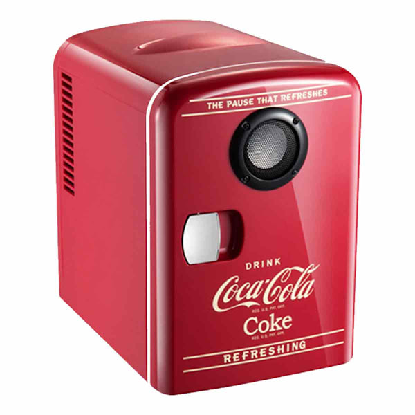Tragbarer Coca-cola 12v Mini-kühlschrank/wärmer Für 4 Liter/6 Dosen Mit Bluetooth-lautsprecher