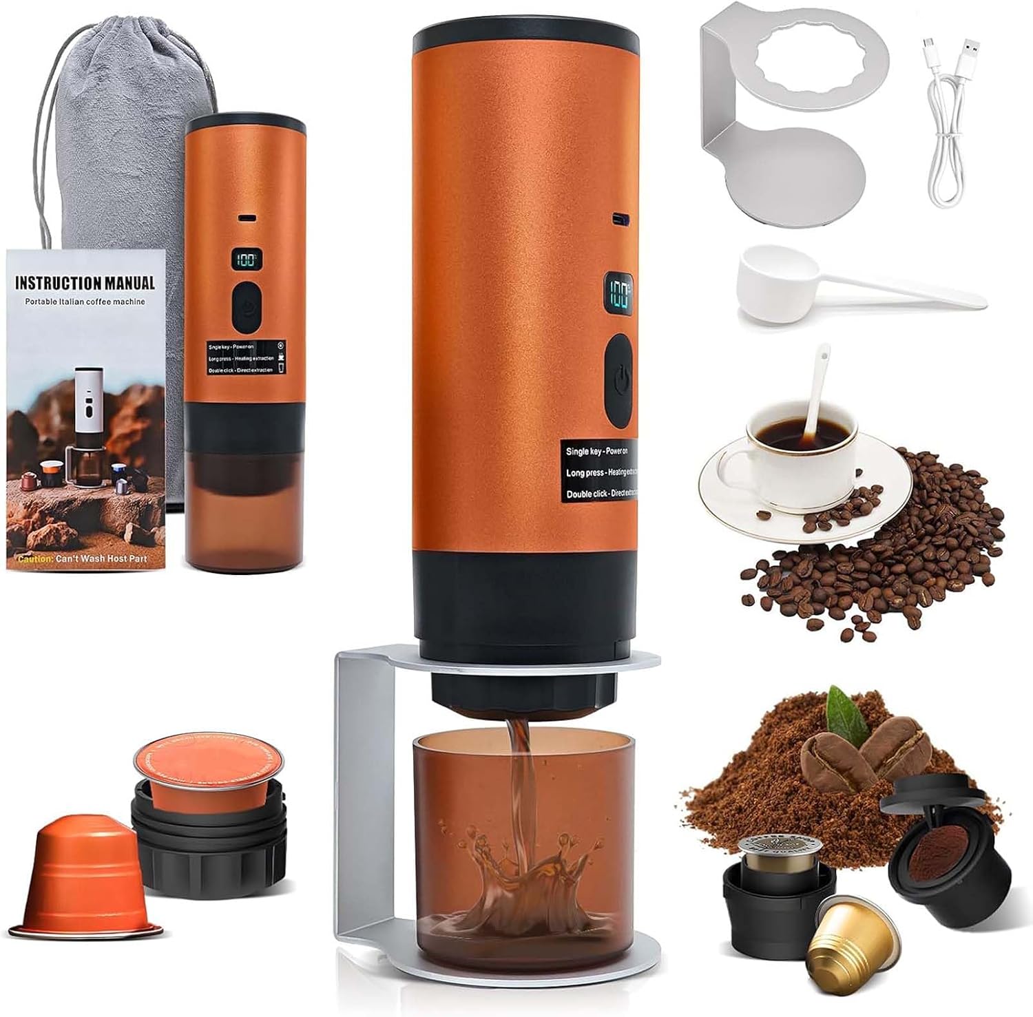 3-in-1 Tragbare Kaffeemaschine, 72-watt-kaffeemaschine, Tragbare Kaffeemaschine, 12-v-akku-espresso, Usb, Espresso Mit Kapseln, Orange