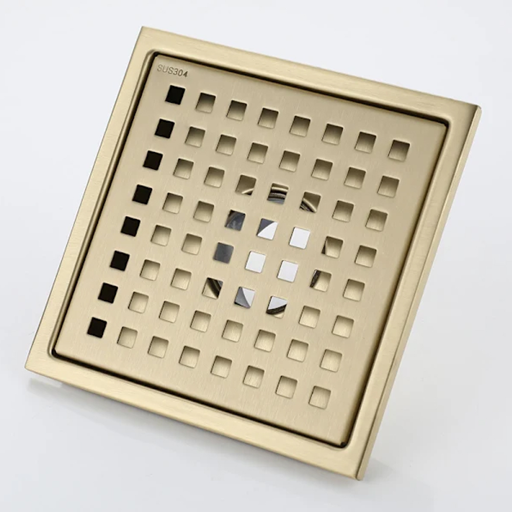 Duschablauf Gold Edelstahl Quadratisch 15x15cm Duschablauf Bodenablauf Mit Bodenablaufabdeckung, Geruchsneutralisierender Messingkern, Gebürstetes Gold [eins]