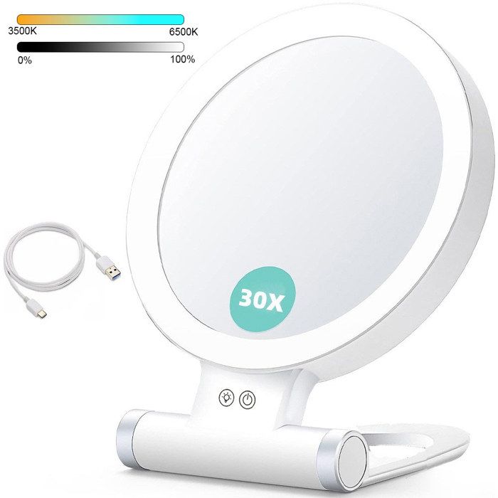 Kosmetikspiegel, 1x/30x Doppelseitig, Led-kompatibel Mit Vergrößerungs-klappspiegel, 3-farbige Beleuchtung, Tragbar Und Elegant