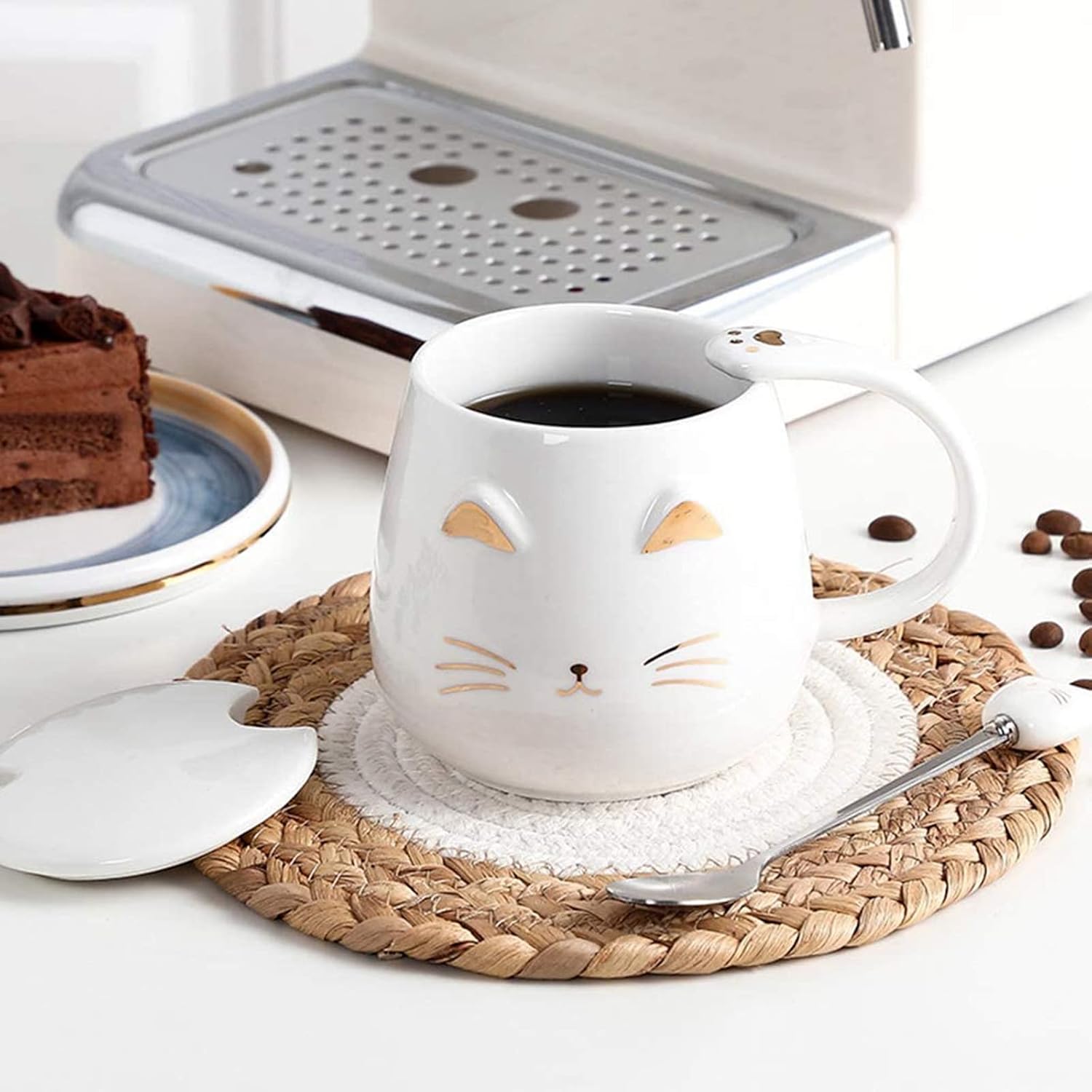 Keramiktassen Mit Katzenmotiv, Tasse Mit Katzenmuster, Niedliche Keramik-kaffeetasse Mit Niedlichem Katzendeckel, Edelstahllöffel (weiß)