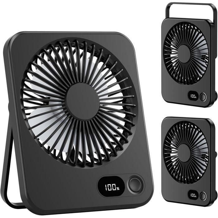 (farbe: Schwarz) Tischventilator, Mini-tischventilator Mit 3600-mah-akku, Leise, 5 Geschwindigkeitsstufen, 180° Neigbar, Klein