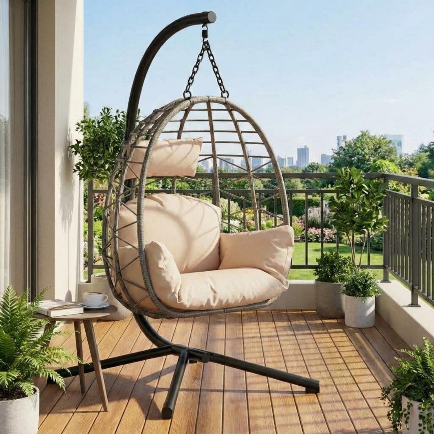 Hängesessel Rattan Mit Metallgestell, Klappbar, Wetterfest, 150kg, Inkl. Abdeckung