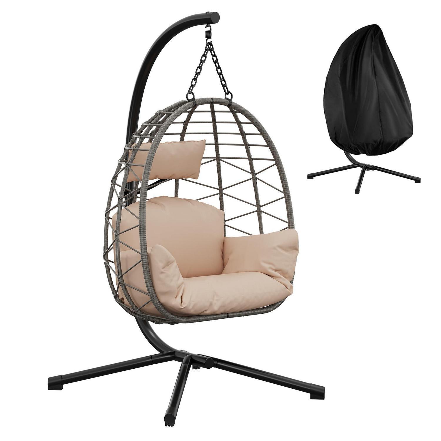 Hängesessel Mit Gestell, Rattan Hängesitz Bis 150 Kg, Indoor & Outdoor, Beige
