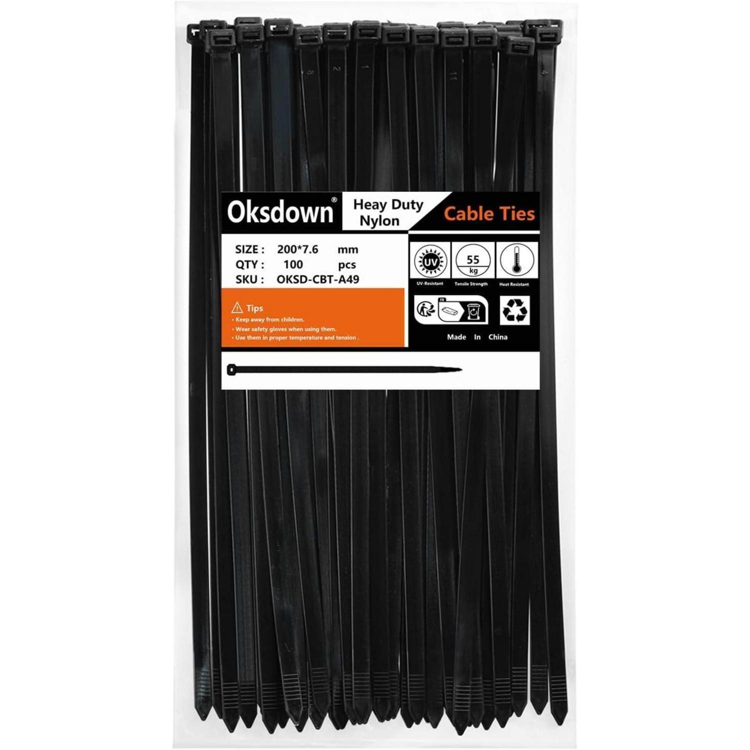 Kabelbinder 200mm X 7.6mm Schwarz, 100 Stück, 55kg Zugfestigkeit, Uv-beständig