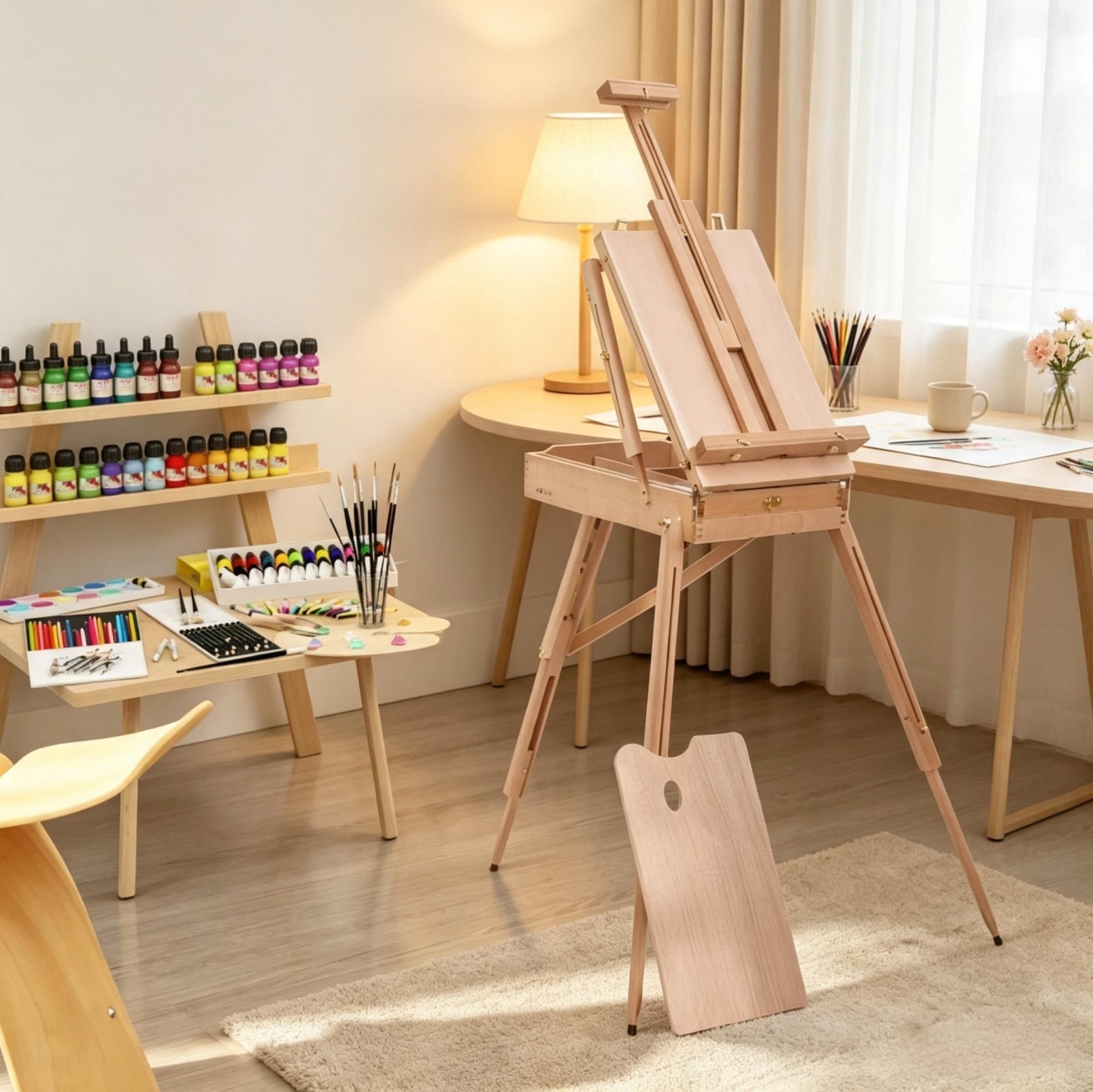Chevalet Pliable 40,7x18x55 Cm En Bois De Hêtre Clair Avec Rangement, Pour Atelier – Meubliv