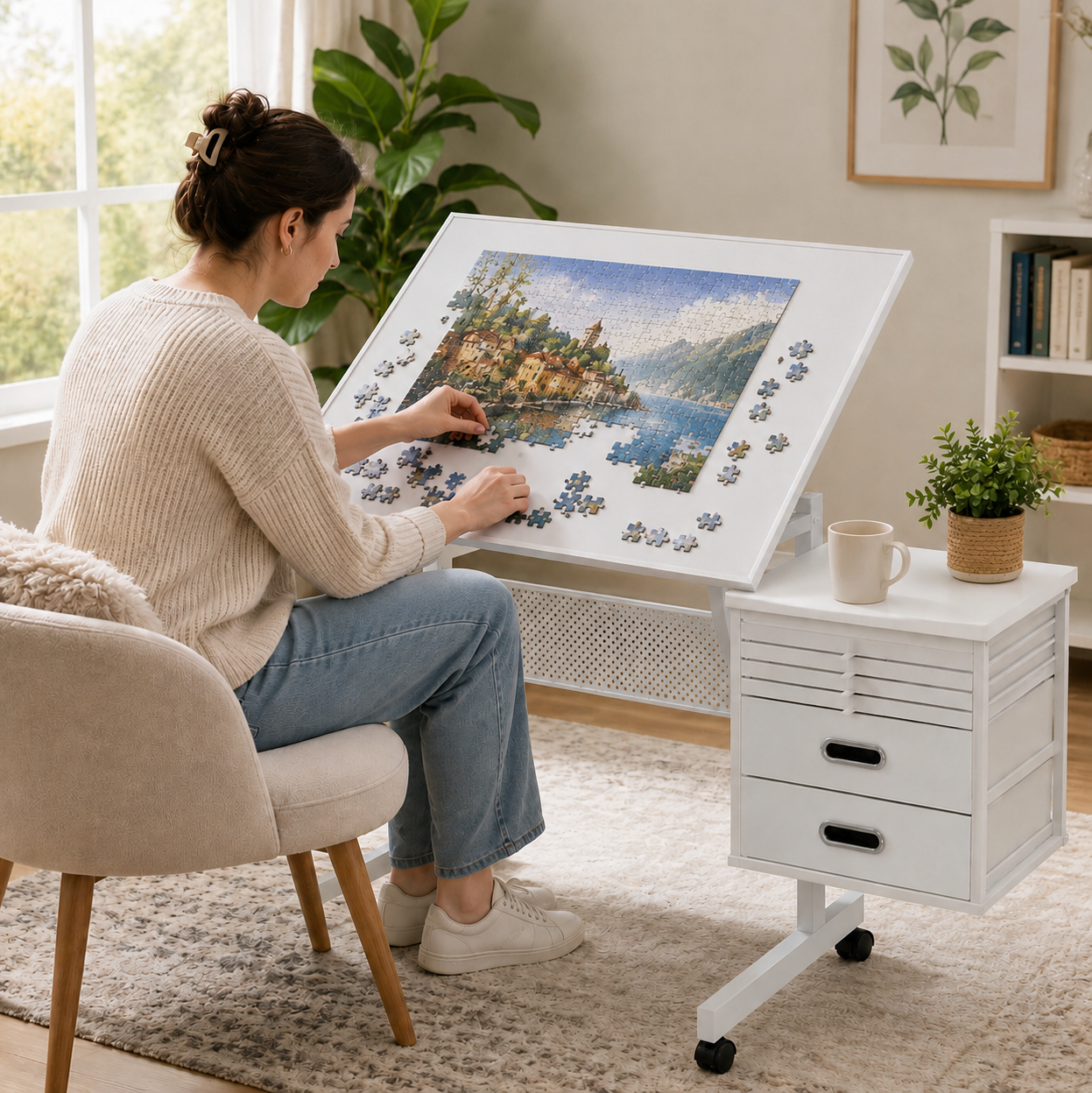 Neigbarer Puzzletisch 89 X 64 X 78,5 Cm, Weißes Mdf, Integrierter Stauraum – Meubliv