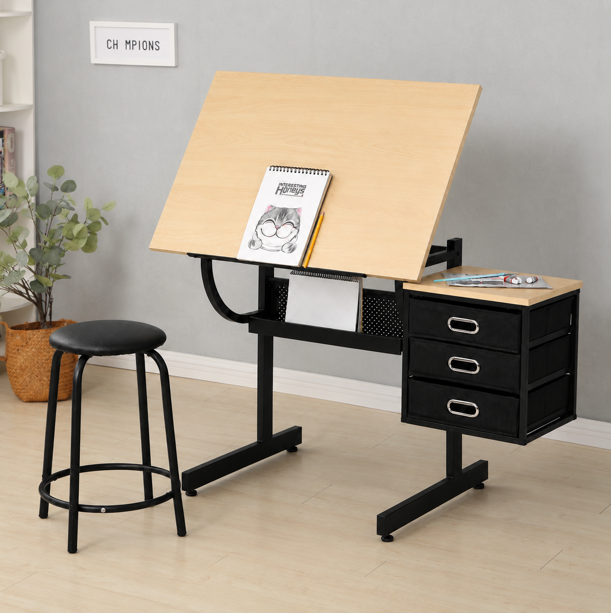Zeichentisch 116x60x75 Cm Mdf Und Metall Ahorn Mit 3 Schubladen, Verstellbar – Meubliv