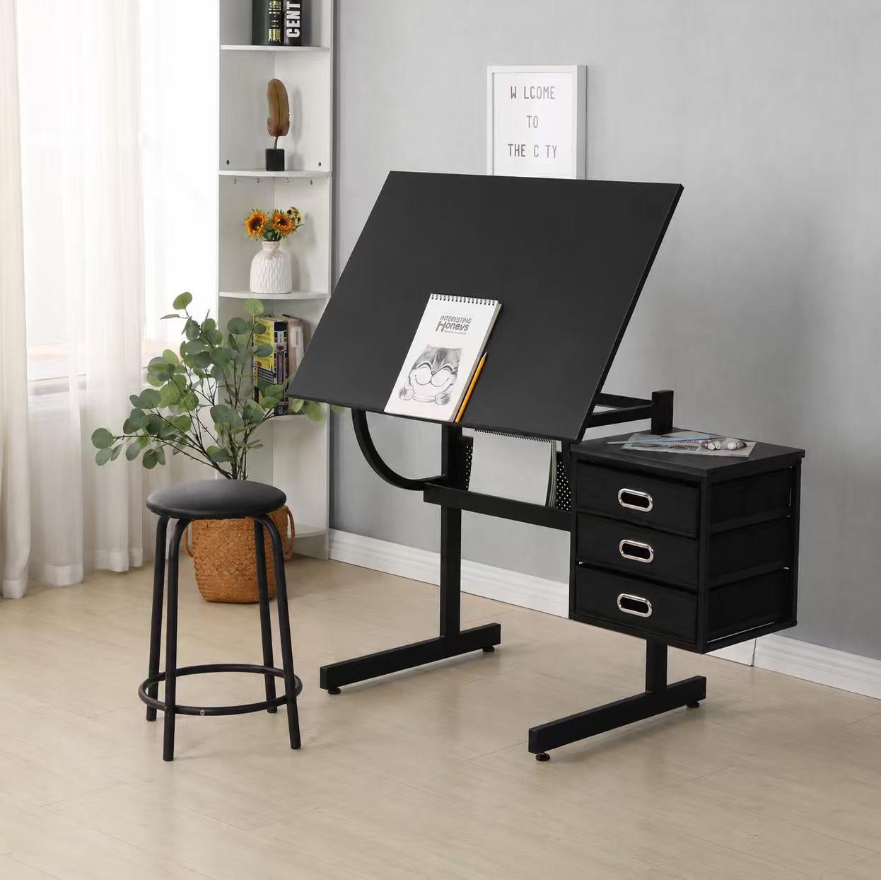 Verstellbarer Zeichentisch 116x60x75 Cm Aus Mdf Und Schwarzem Metall, 3 Schubladen – Meubliv