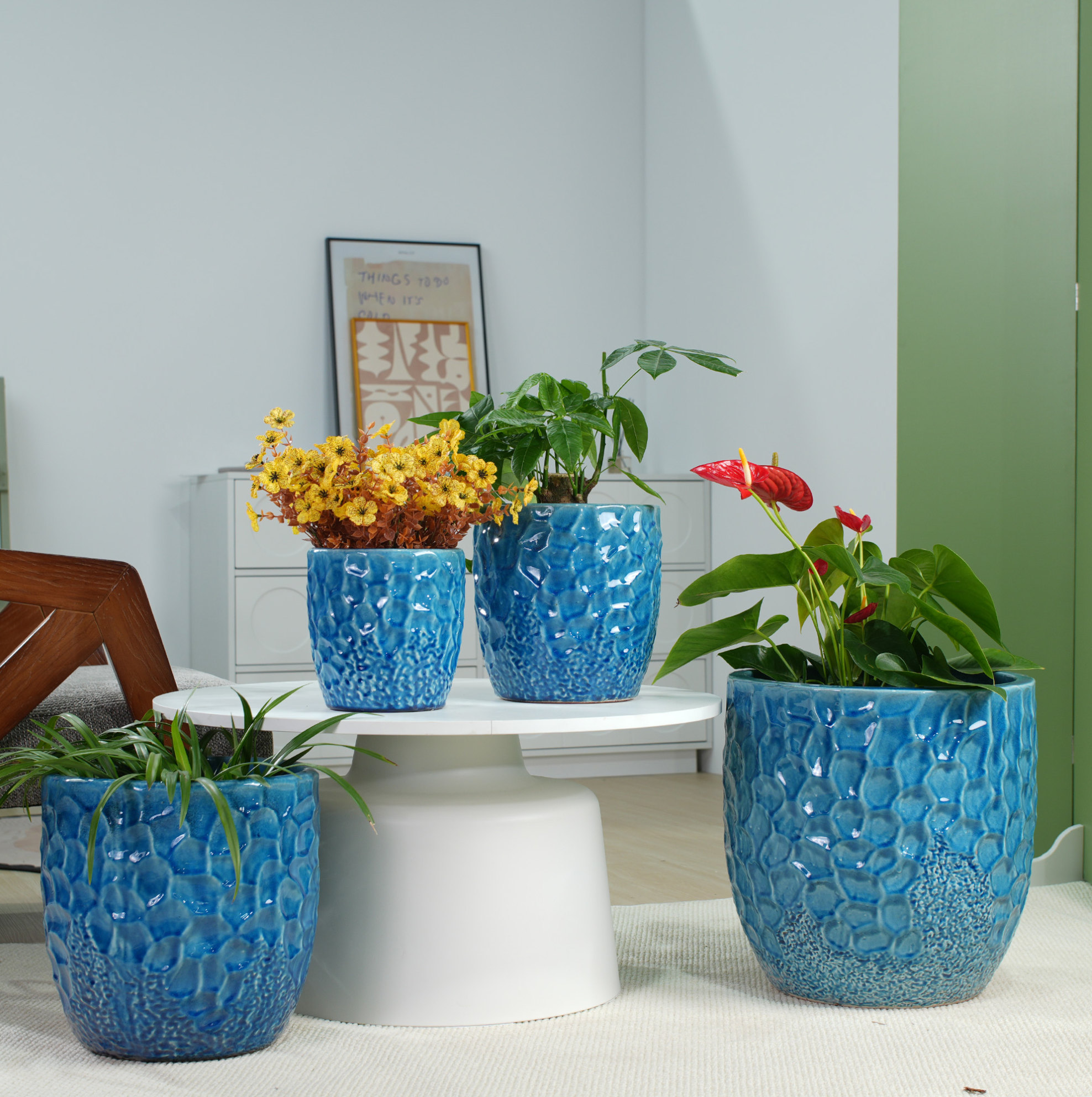 Lot De 4 Pots De Fleurs En Céramique Ø38/30/22,5/18 Cm Bleu Brillant, Pour Balcon – Meubliv