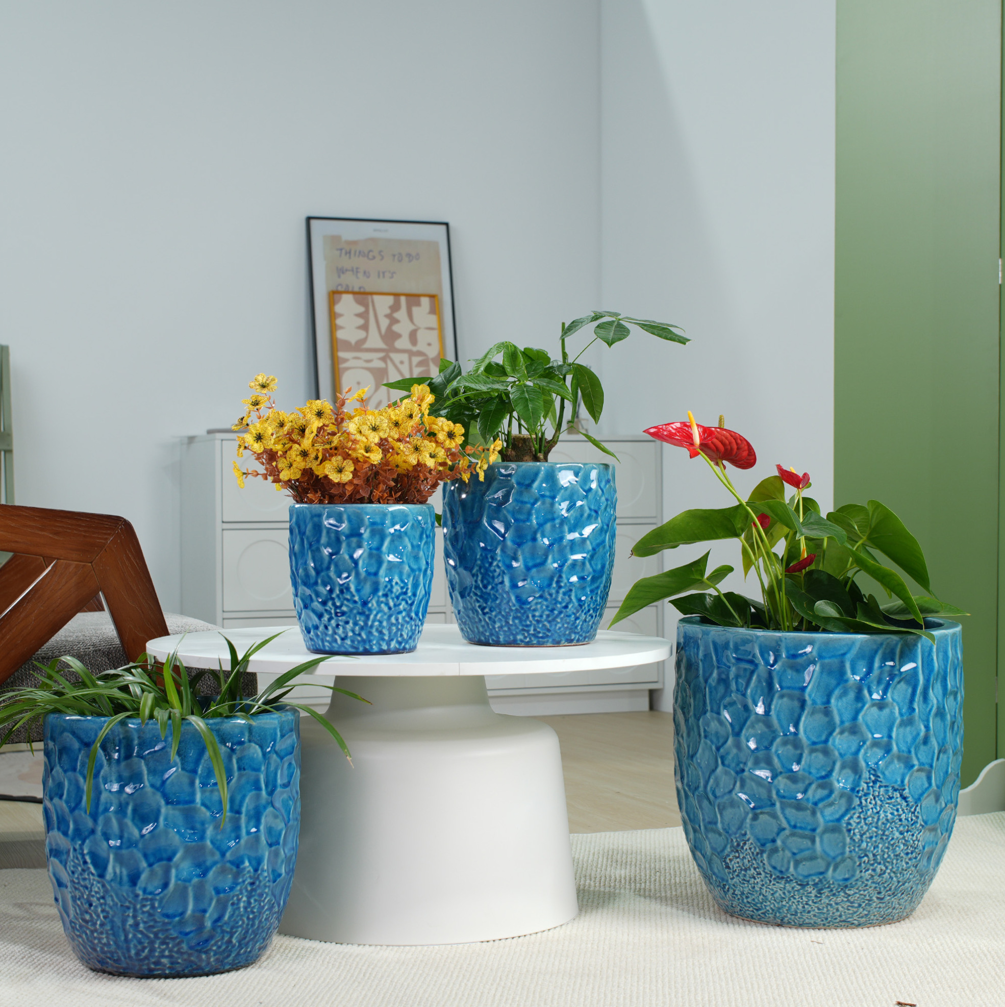Blauer Keramik-blumentopf Ø38 Cm Mit Drainage Für Große Zimmerpflanzen – Meubliv