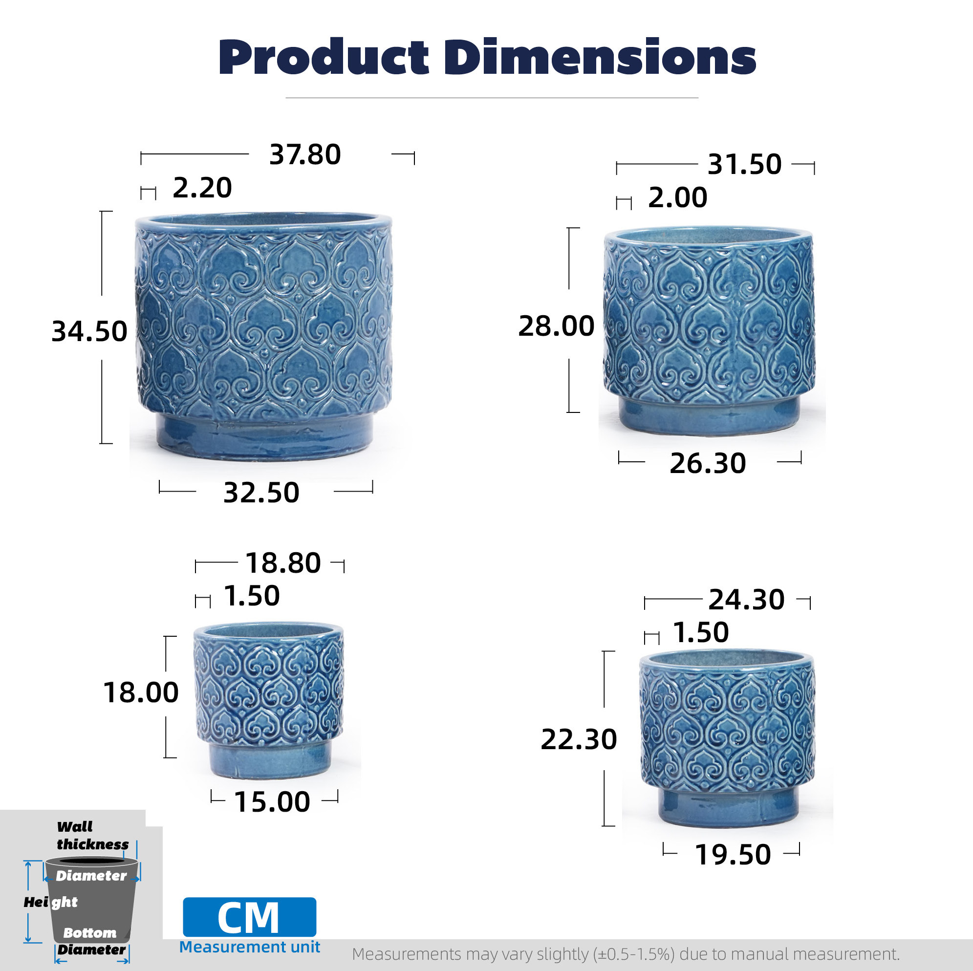 Keramik-blumentopf 31,5x31,5x28 Cm Glänzend Blau Mit Drainage Für Balkon Und Küche - Meubliv