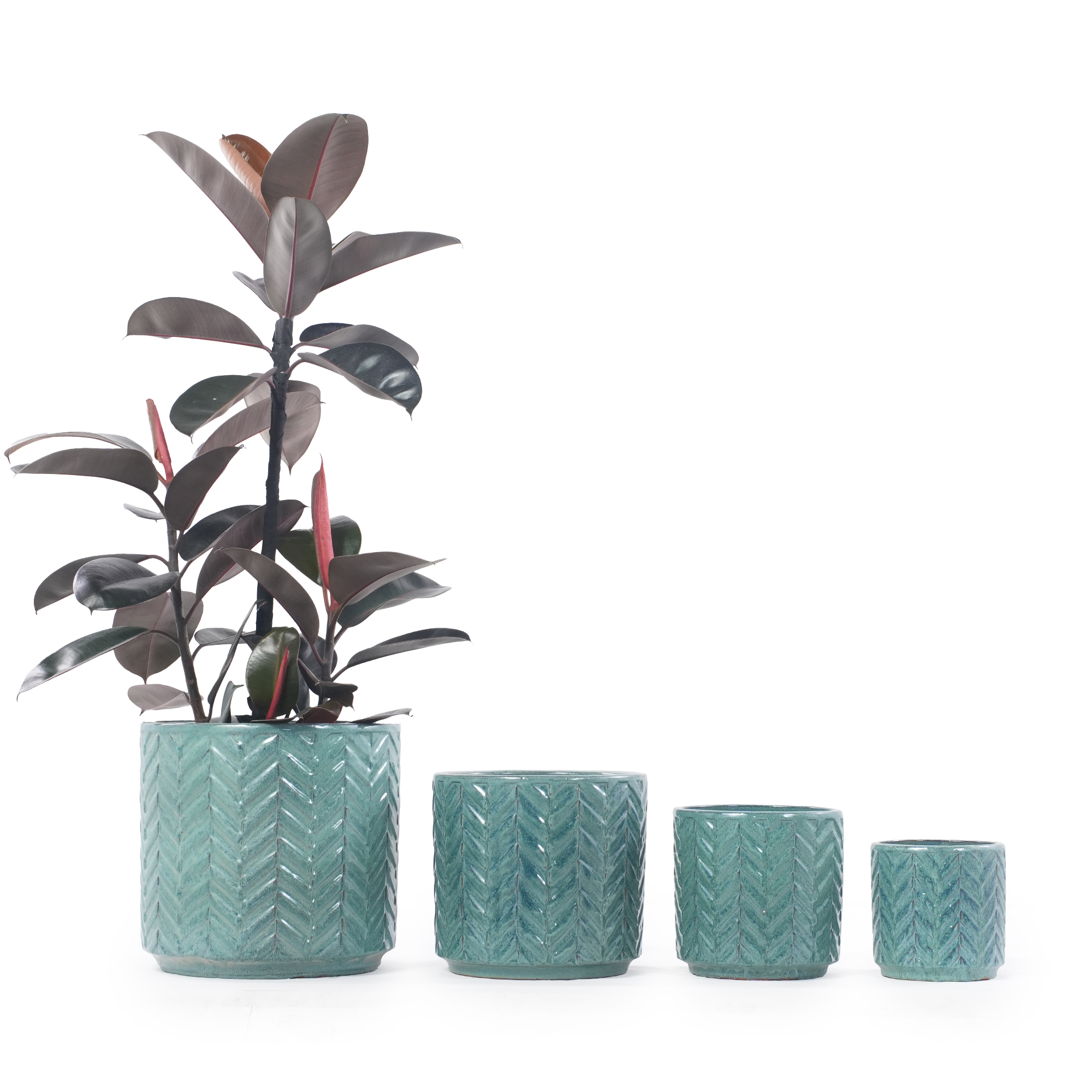 Handgefertigter Keramik Pflanztopf-set 4-teilig (ø38/31,5/24,5/20 Cm), Glänzendes Aqua-blau Mit Rundum Eingeprägtem