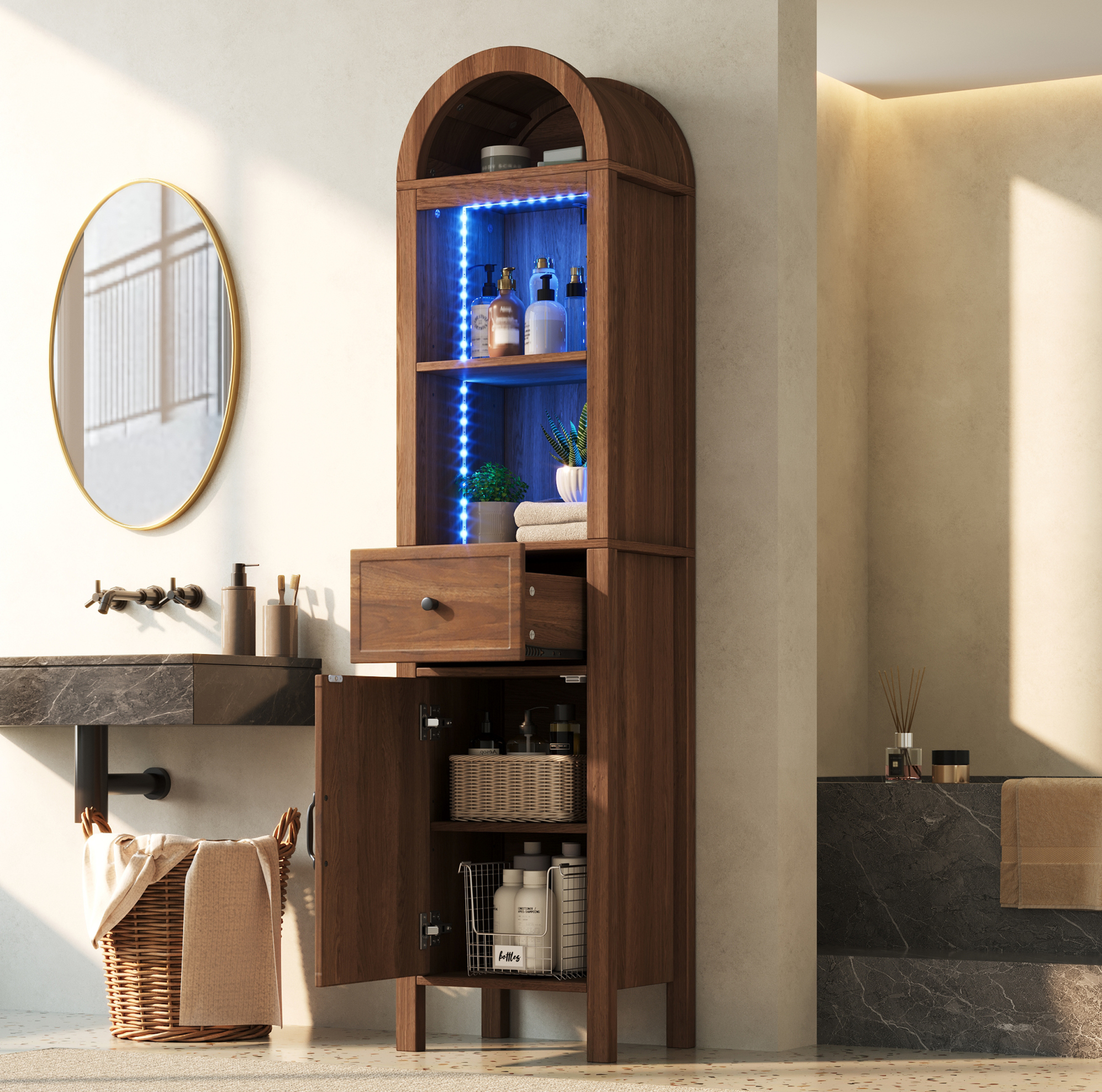 163 Cm Hoher Freistehender Badezimmer-hochschrank, Bogenförmige Oberseite Mit Led, Wendbare Tür, Schublade, Magnetverschluss, Soft-close-scharniere, 40×30×163 Cm, Walnussfarben