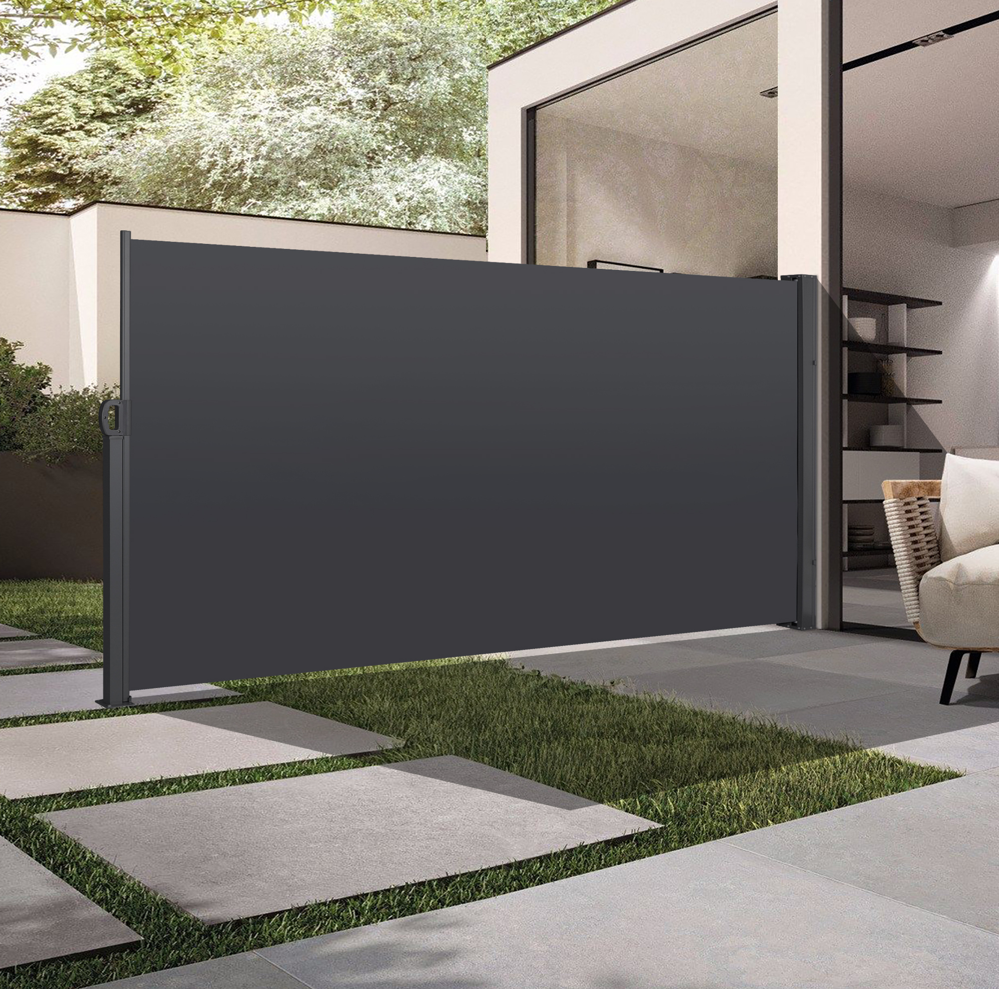 Ausziehbare Seitenmarkise 160x300 Cm Aus Grauem Metall, Sicht- Und Windschutz Für Balkon