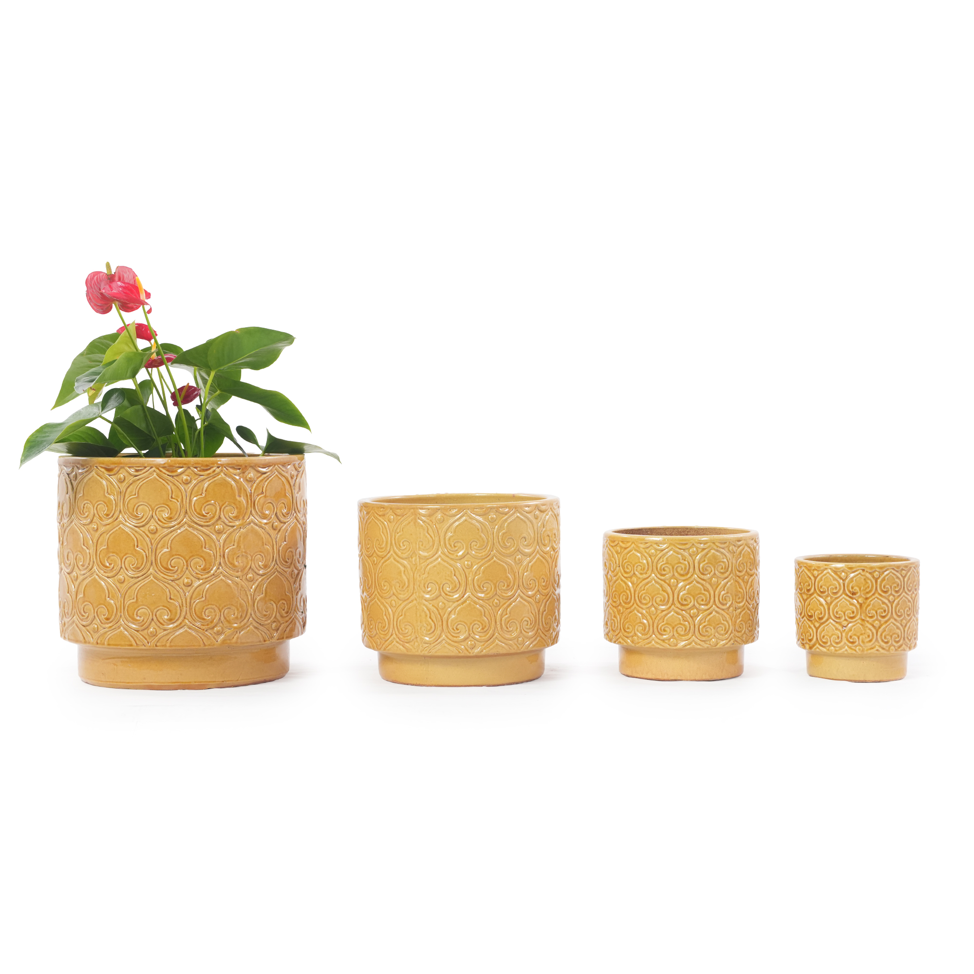 Handgefertigter Keramik Pflanztopf-set 4-teilig (ø38/31,5/24/19 Cm), Glänzendes Warmgelb Mit Rundem Herz-ornament-relief