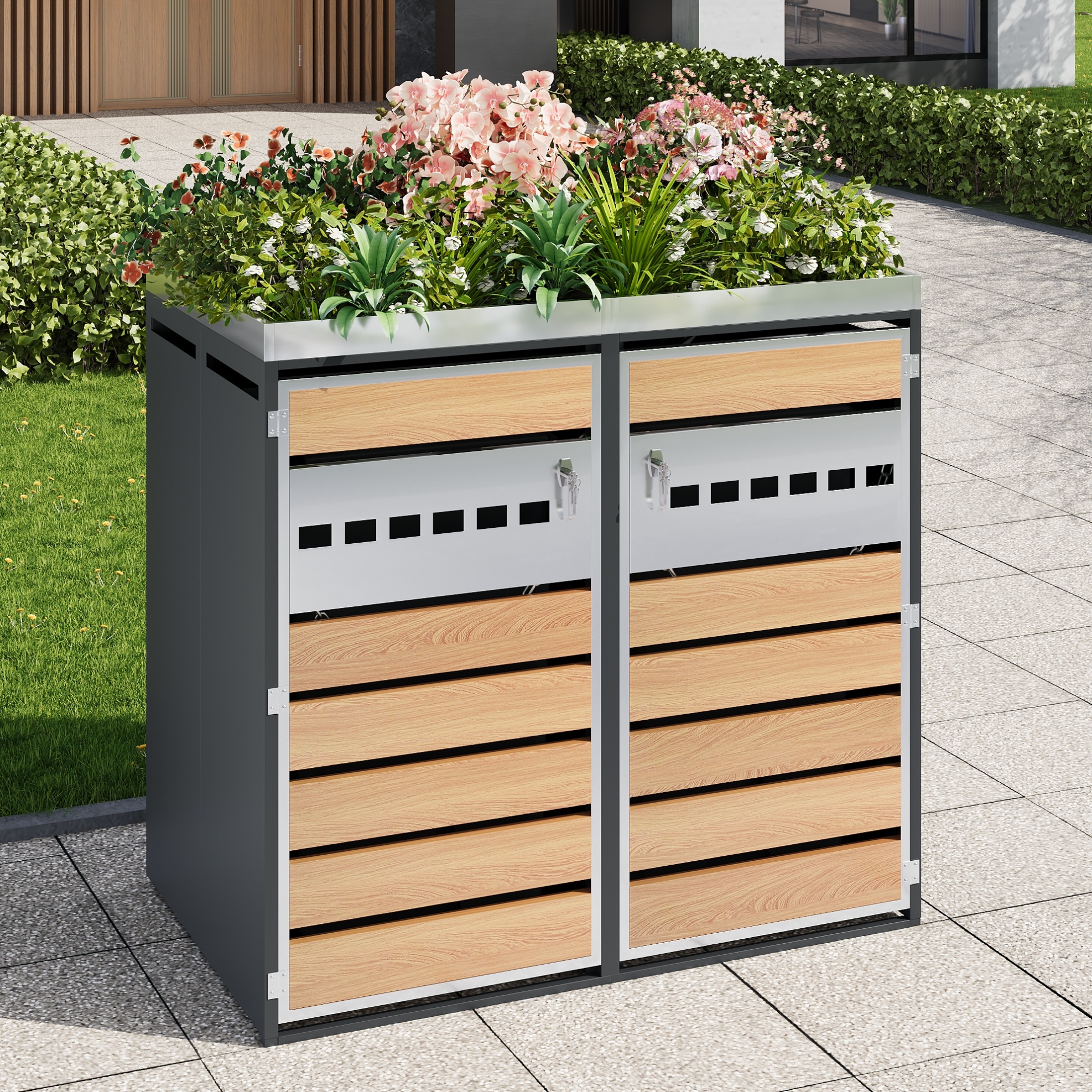 Mülltonnenbox 132x80x124,5 Cm Aus Verzinktem Stahl Grau Mit Pflanzkasten – Meubliv