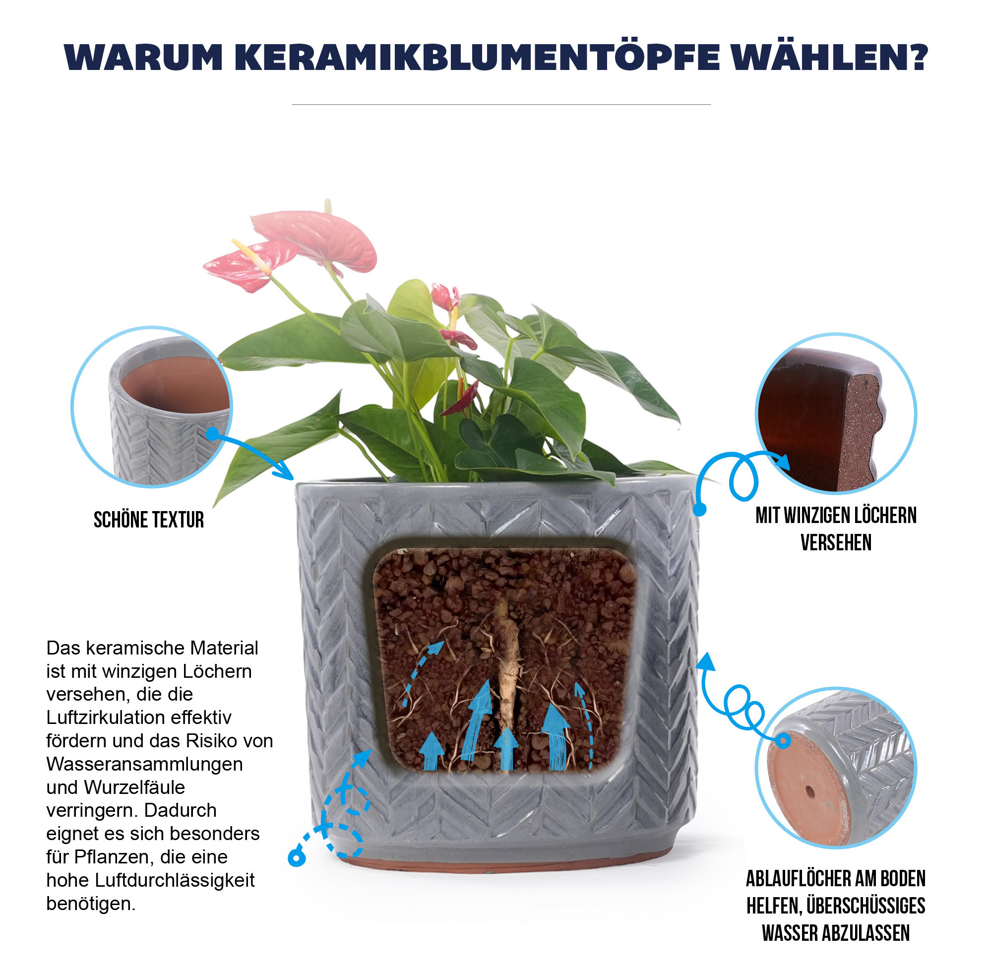 Keramik-blumentopf Ø38 Cm Aschgrau Glänzend Mit Drainage – Meubliv