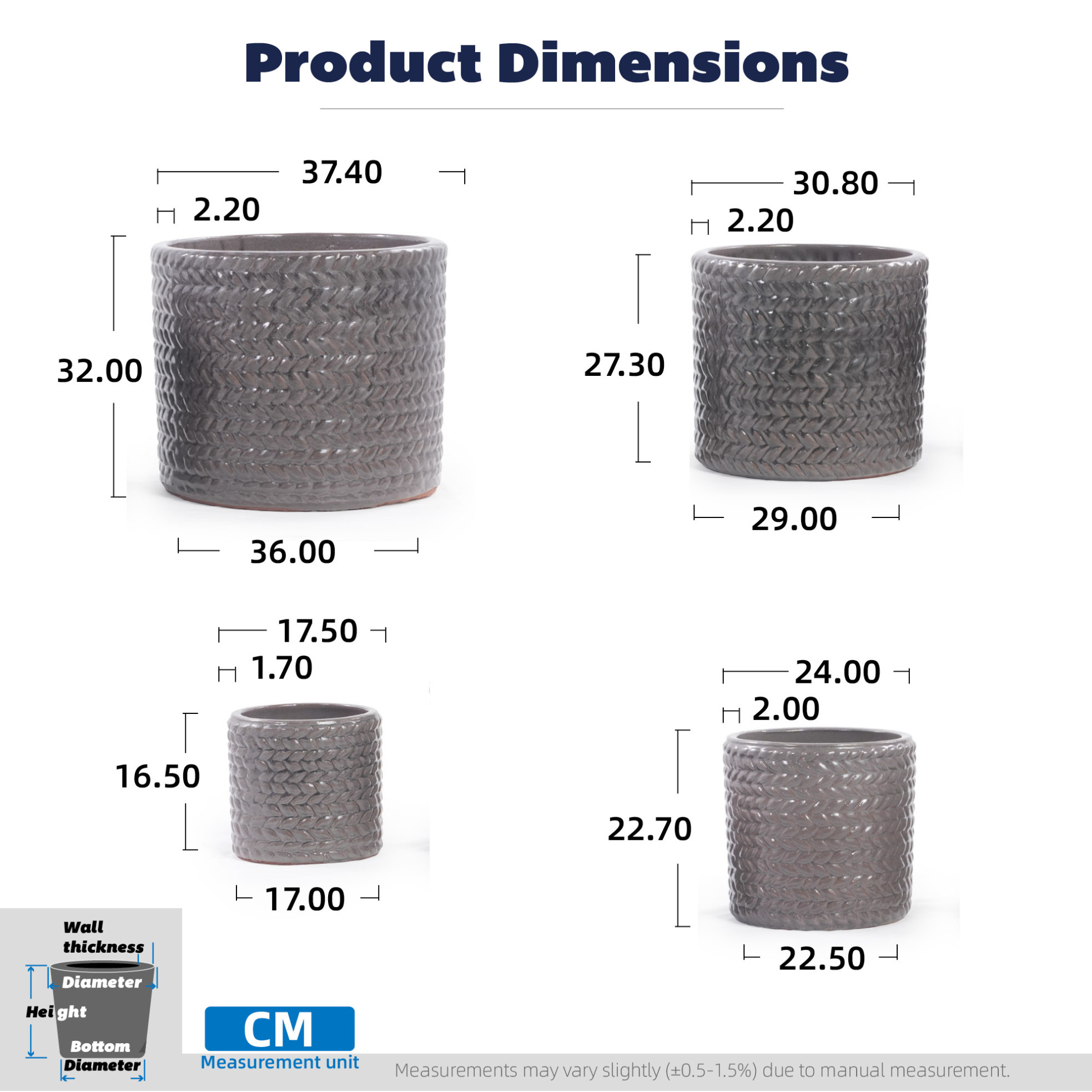 4er-set Keramik-blumentöpfe Ø37/31/24,5/17,5 Cm Grau Glänzend Mit Drainage – Meubliv