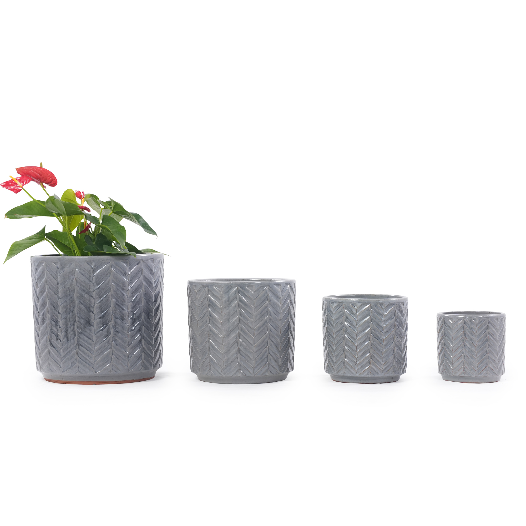 Mittelgroßer Einzel-keramik Pflanztopf Ø31,5 Cm, Glänzendes Aschgrau Mit Rundum Fischgrät-relief, Atmungsaktiv