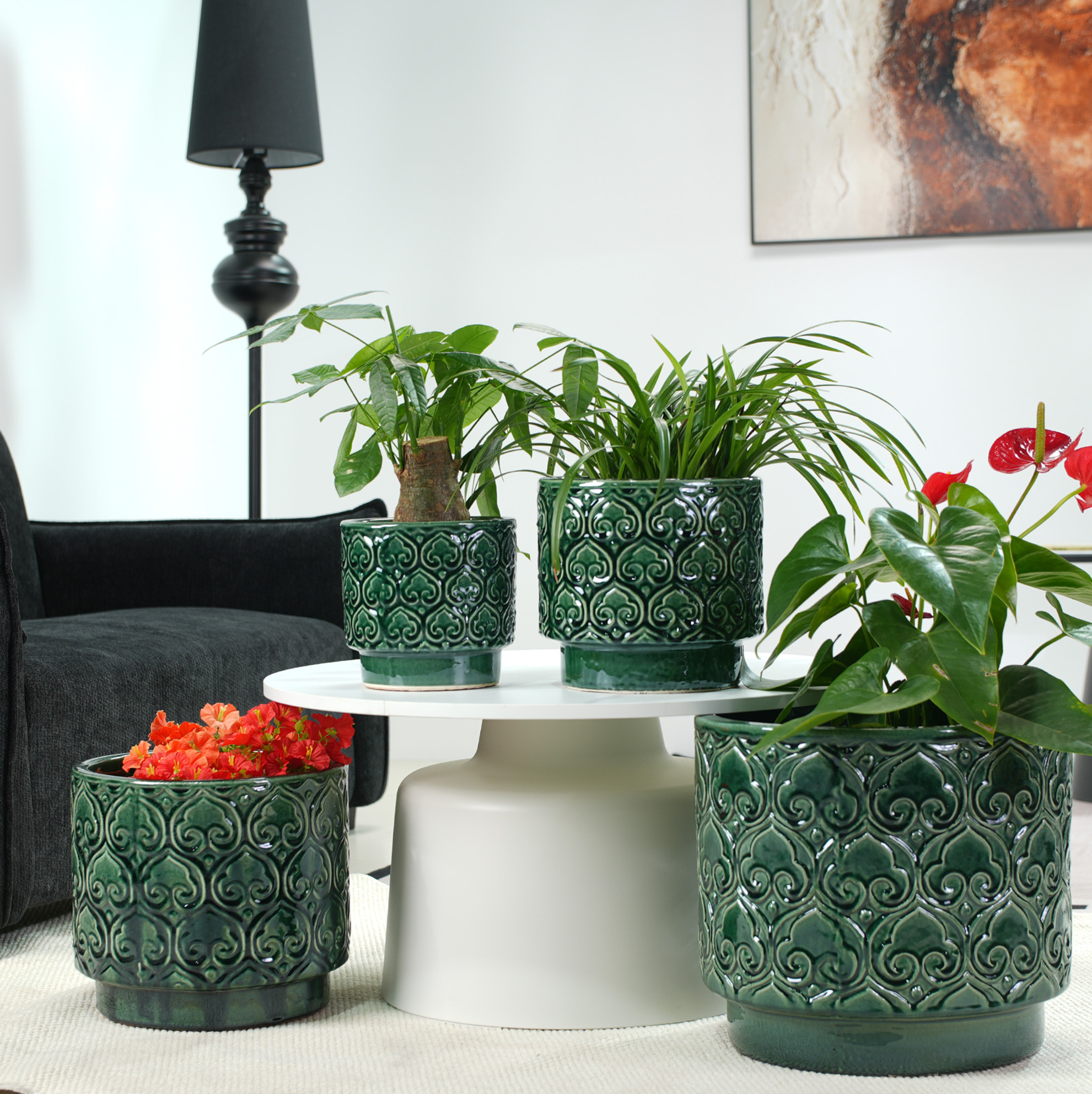 Set Mit 4 Blumentöpfen Aus Keramik 38/31,5/24/19 Cm Glänzend Grün Mit Drainage – Meubliv