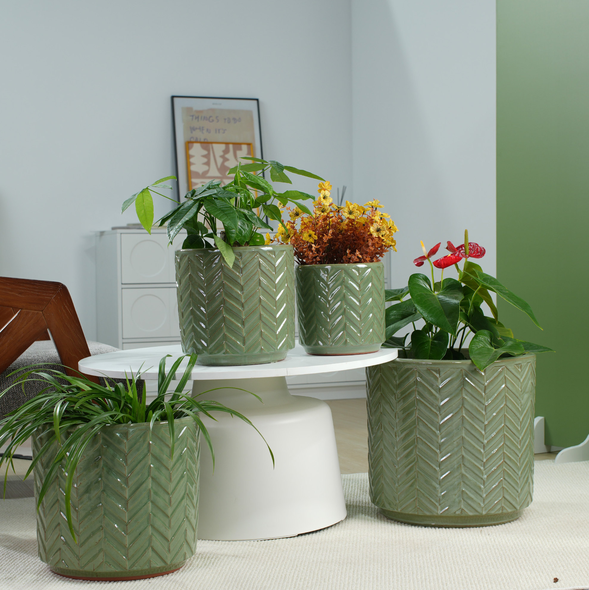 Blumentopf Aus Keramik Ø31,5 Cm Glänzend Salbeigrün Mit Drainage Für Kräuter – Meubliv