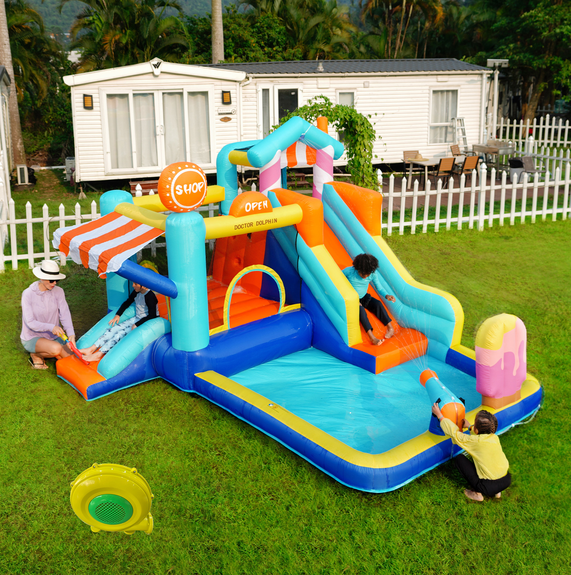 Aufblasbarer Wasserpark 395x340x236 Cm Aus Oxford, Mehrfarbig, 2 Gartenrutschen – Meubliv