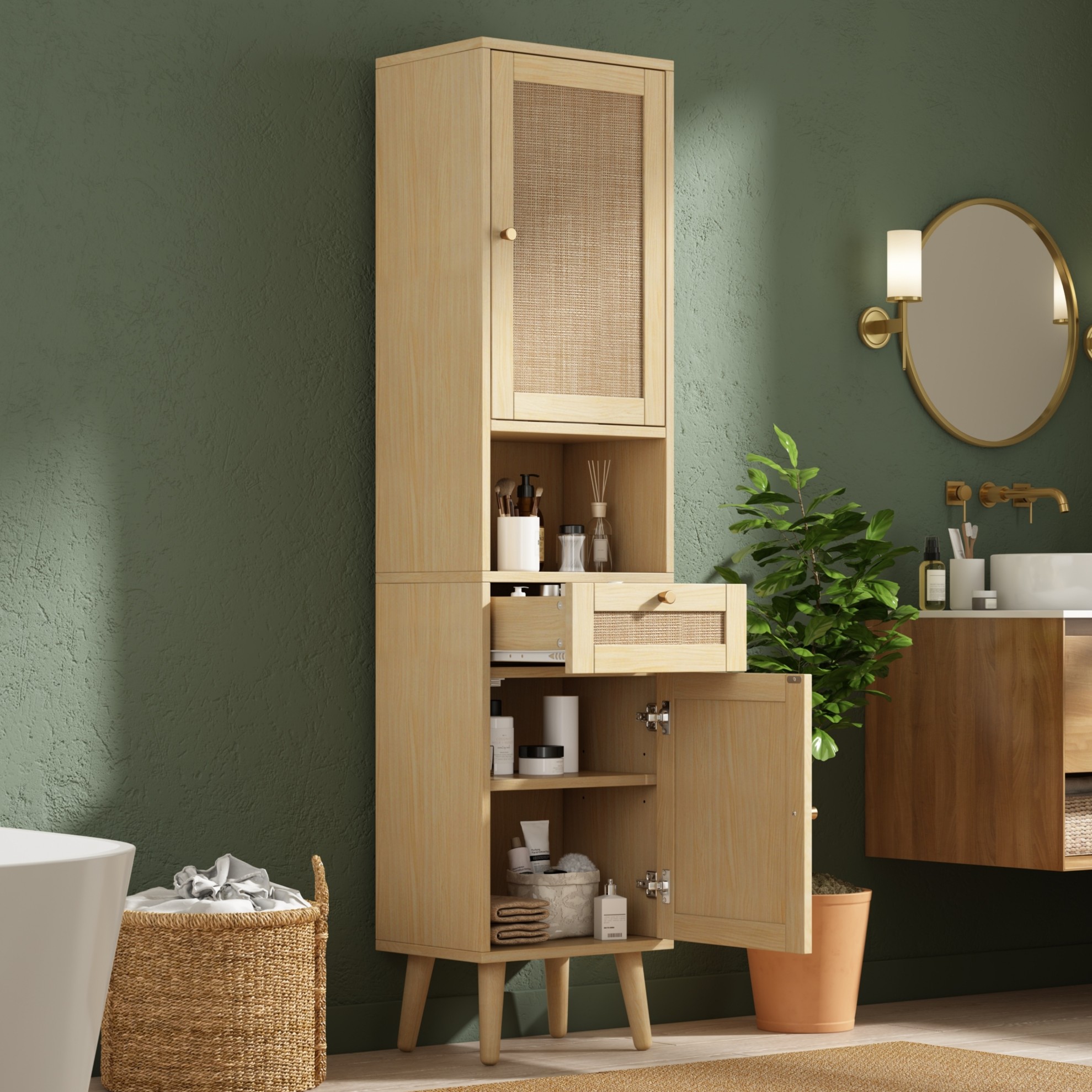166 Cm Hoher Freistehender Badezimmer-hochschrank, Rattan-schranktüren Mit Wendbarem Links-rechts-design, Mit Schublade, Magnetverschluss, Soft-close-scharniere, 40×30×166 Cm, Naturholzfarben