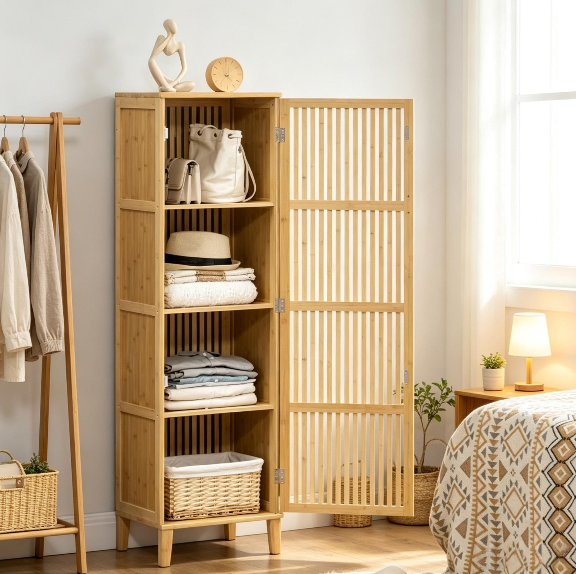 Armoire Haute 40x30x140 Cm En Bambou Naturel, Porte Ajourée Gain De Place – Meubliv