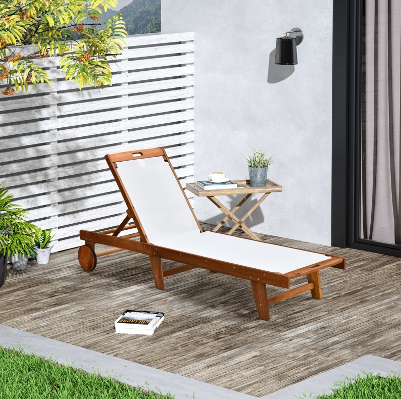 Sonnenliege 198x55x88,5 Cm Aus Naturholz Und Weiß, Verstellbare Rückenlehne – Meubliv