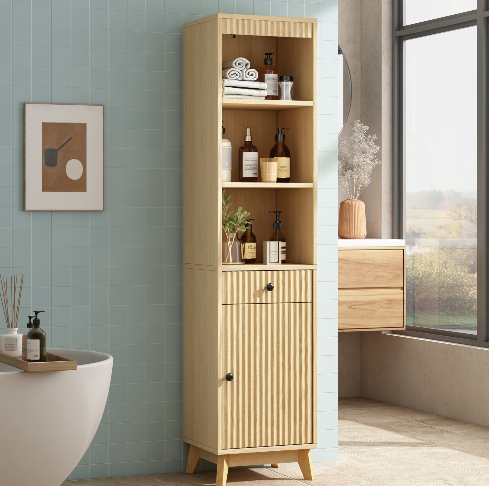 Badezimmerschrank 40x36x172 Cm Aus Mdf In Natur, Modularer Stauraum, Platzsparend – Meubliv