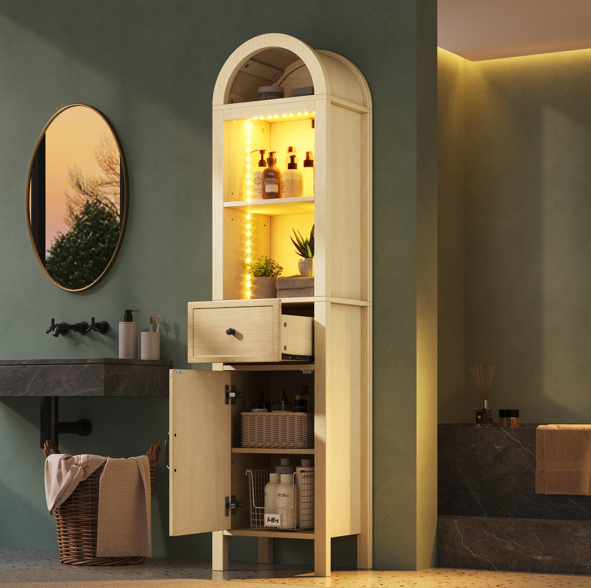 Badezimmerschrank 40x30x163 Cm Aus Mdf In Naturholzoptik Mit Led – Meubliv