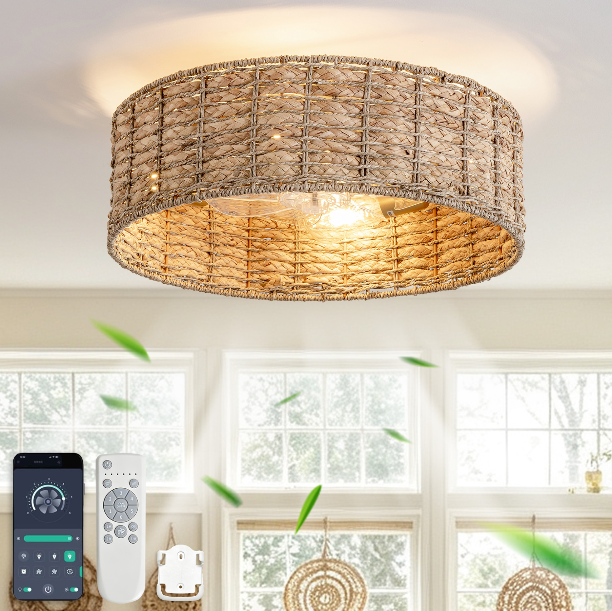 Deckenventilator Mit Licht 50x50x20 Cm Aus Natur-rattan, Doppelsteuerung – Meubliv