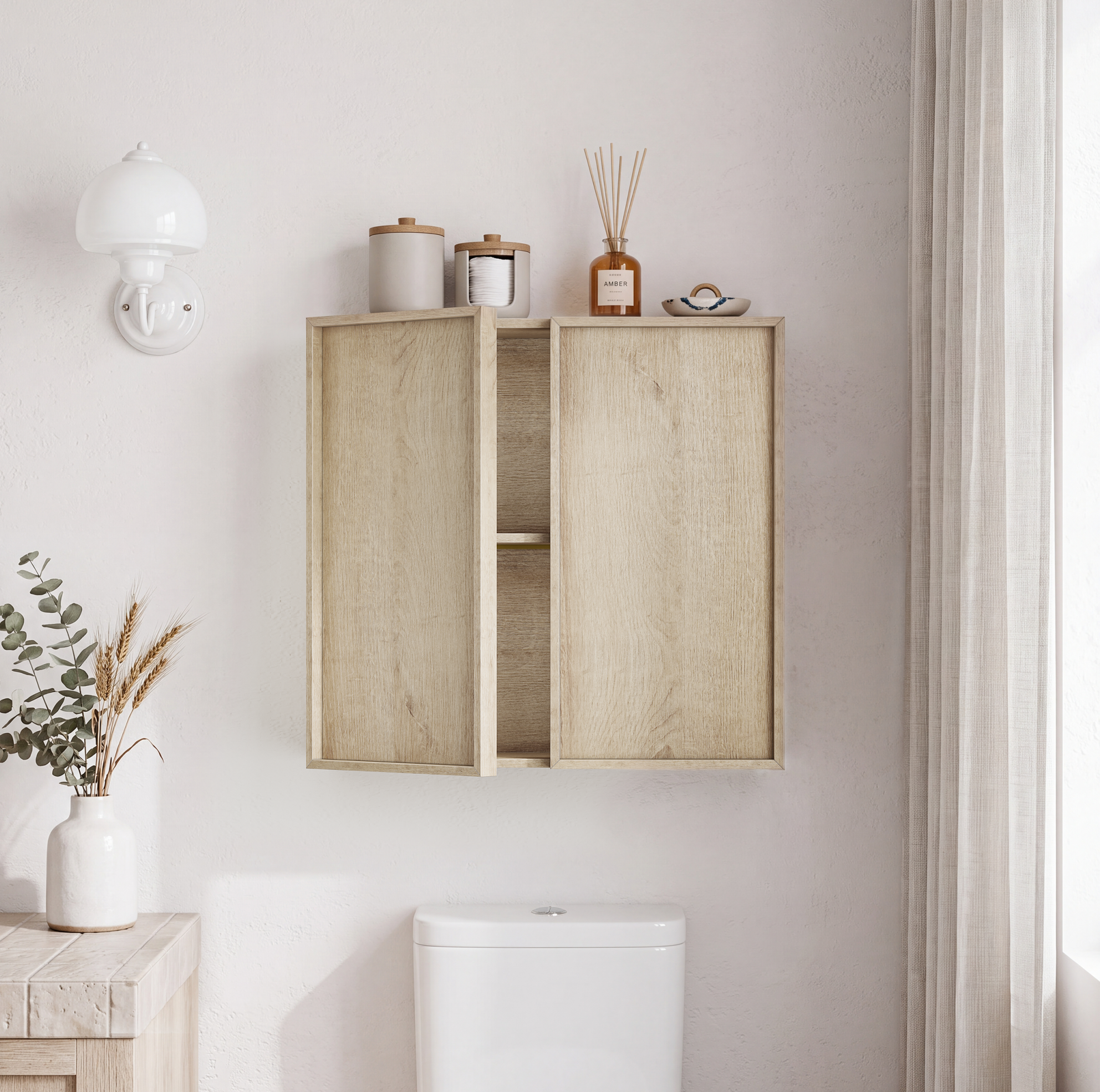 Badezimmer-wandschrank 60x21,6x58 Cm Aus Mdf In Eiche, 2 Türen, Platzsparend
