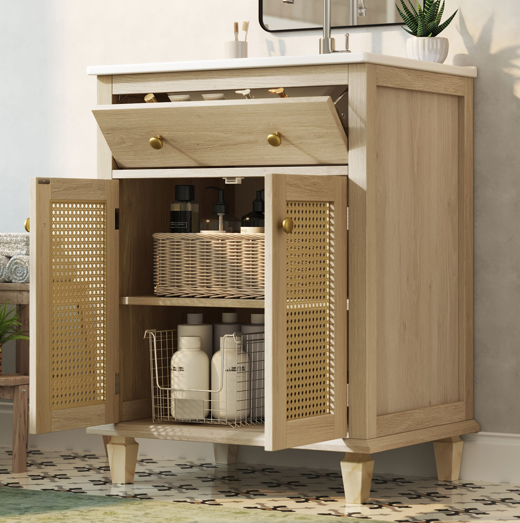 61 Cm Badezimmerschrank Mit Klappschublade, Atmungsaktiven Rattan-türen Und Höhenverstellbaren Einlegeböden – Wasserhahn Nicht Im Lieferumfang Enthalten