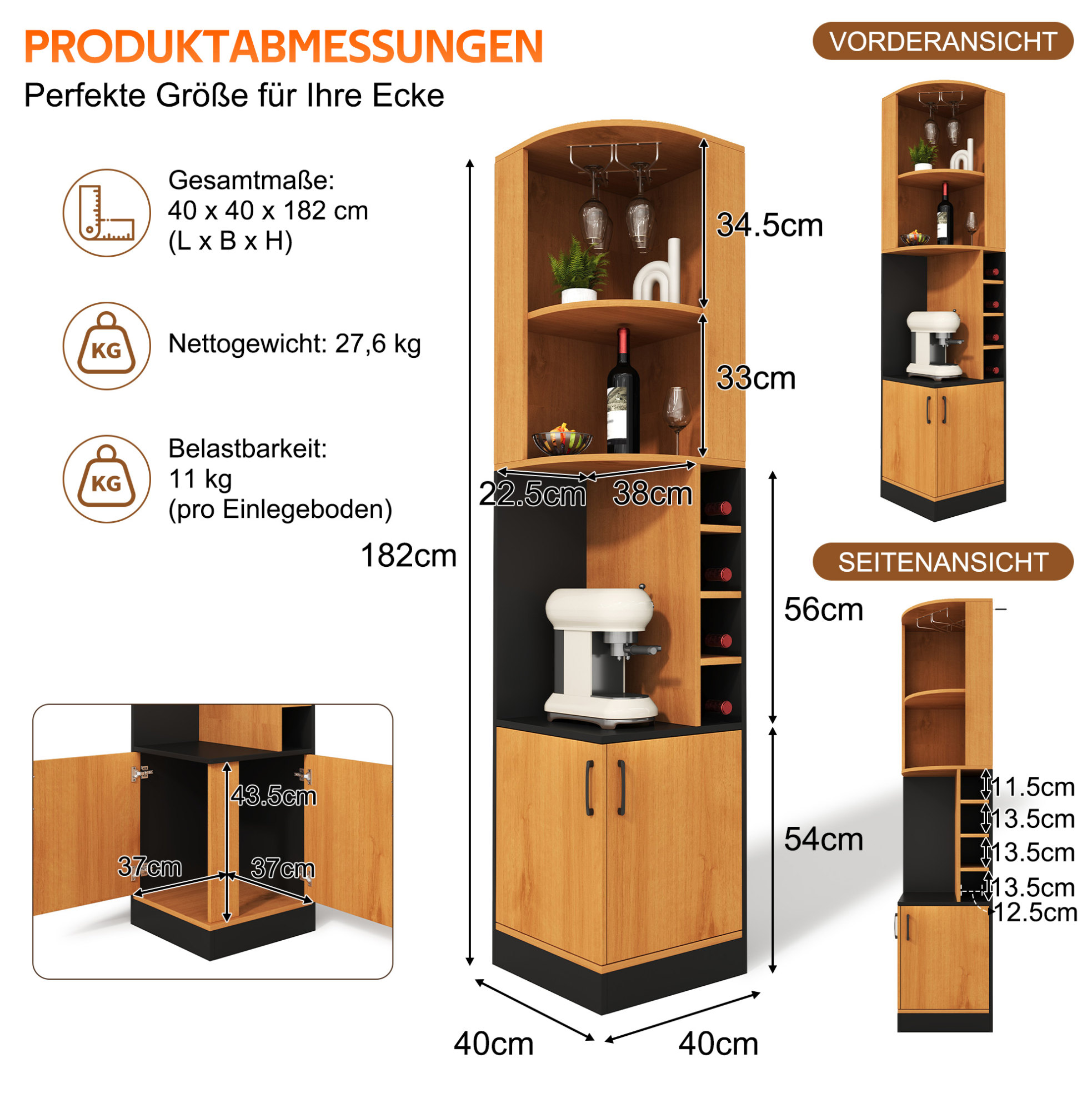 40×40×182cm Eck-weinschrank Mit Weinglasregal,hohes Eck-aufbewahrungssystem Für Die Küche,mit Weinregal Und Schranktüren,freistehende,platzsparende Bartheke,geeignet Für Esszimmer,küche Und Wohnzimmer