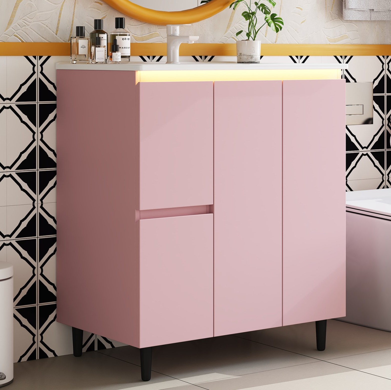 Waschtischunterschrank 76x47x89 Cm Mdf Rosa Mit Led-beleuchtung – Meubliv