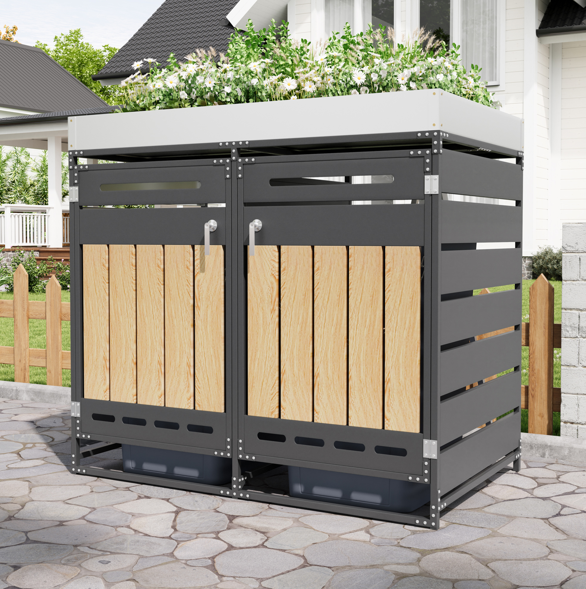 Cache-poubelles Double 131x79x120 Cm En Fer Noir Avec Bac À Plantes, Gain De Place – Meubliv