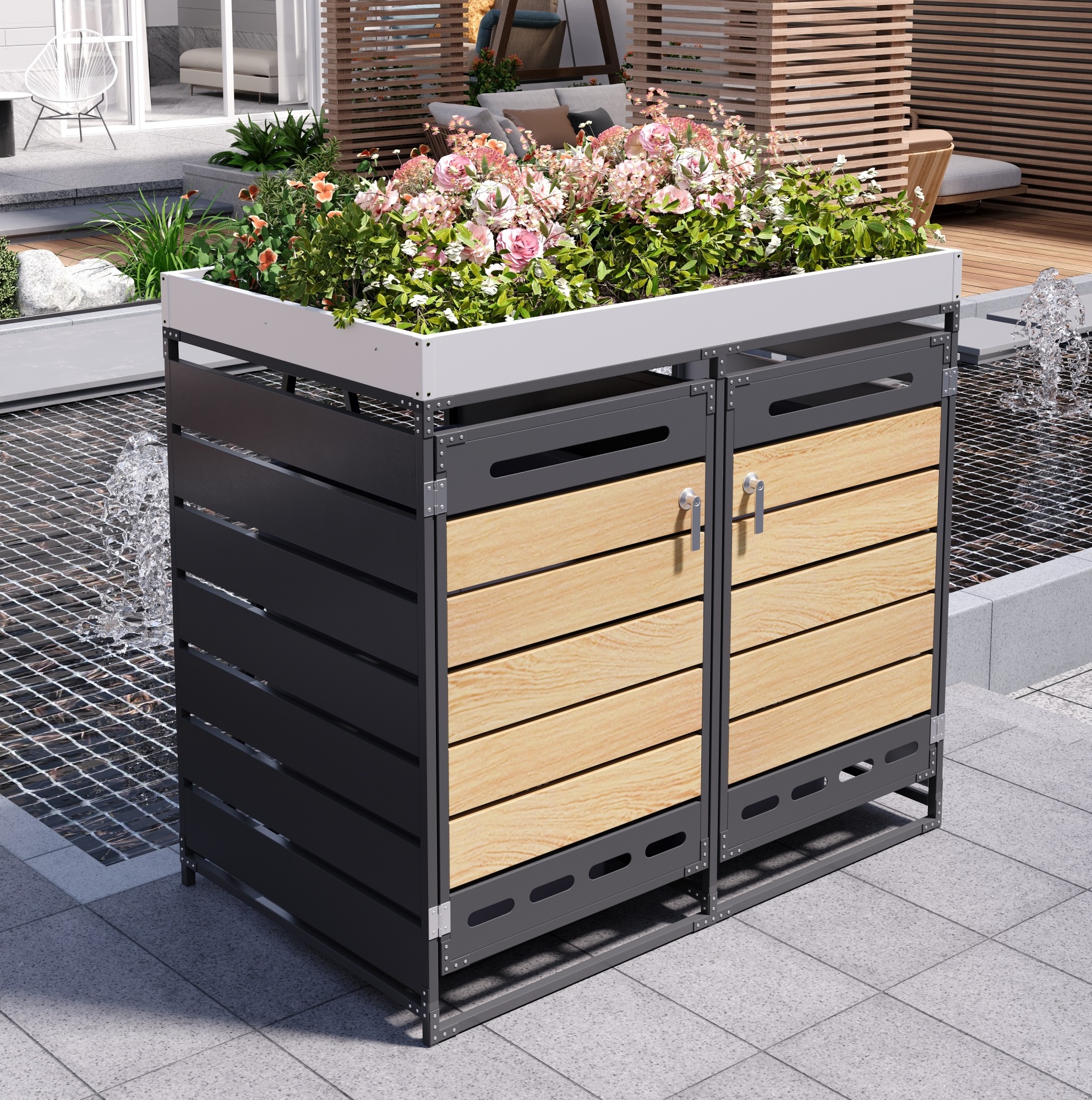 Mülltonnenverkleidung 131x79x120 Cm Aus Schwarzem Eisen Mit Pflanzkasten, 2 Fächer – Meubliv
