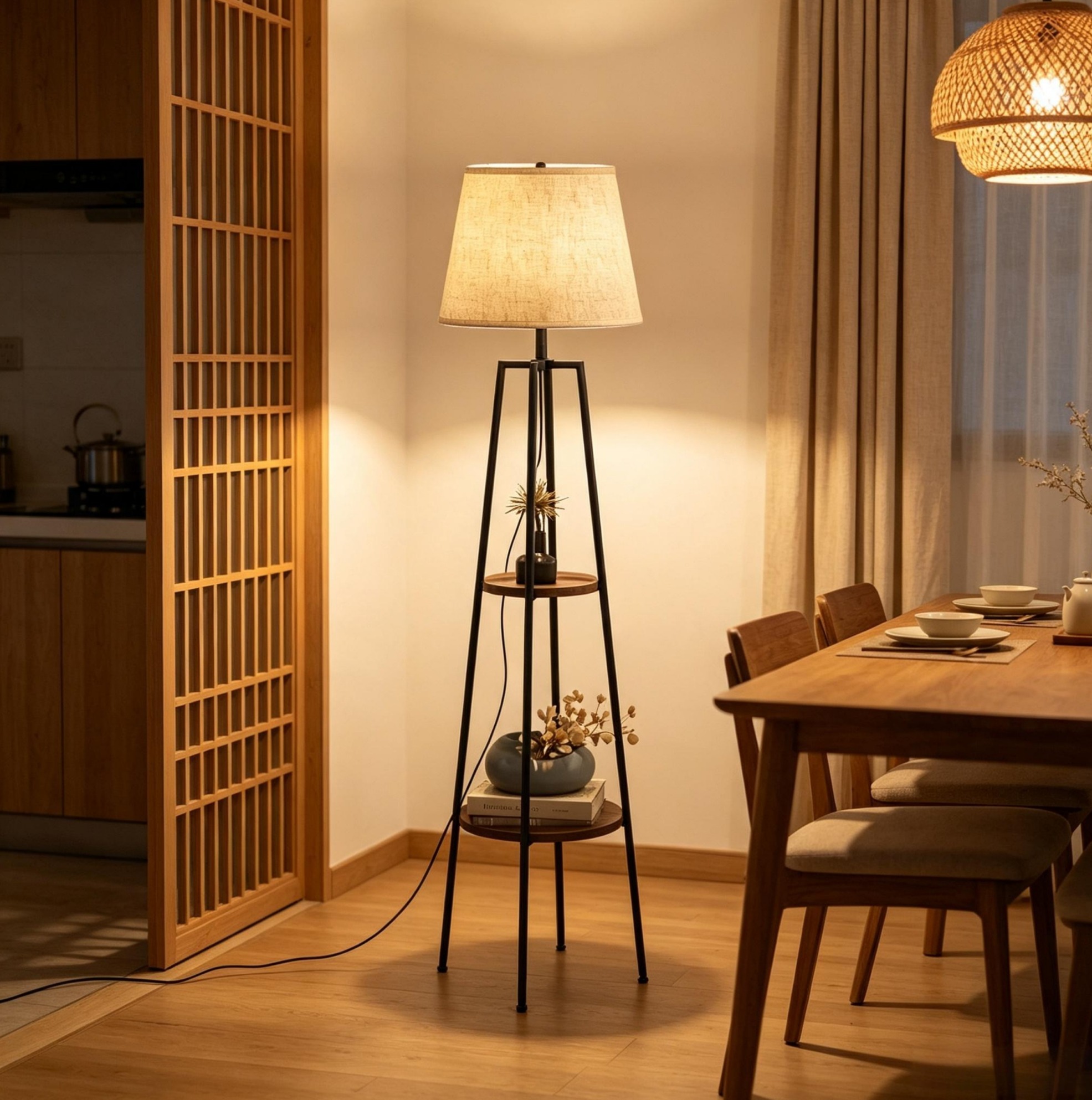 Stehlampe 42x42x166 Cm Aus Mdf Und Schwarzem Metall Mit 2 Ablagen – Meubliv